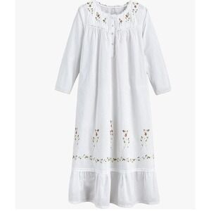 La Cera 100% Cotton Tiered‎ White Long Sleeve Ruffle Nightgown Rose Embroidery S